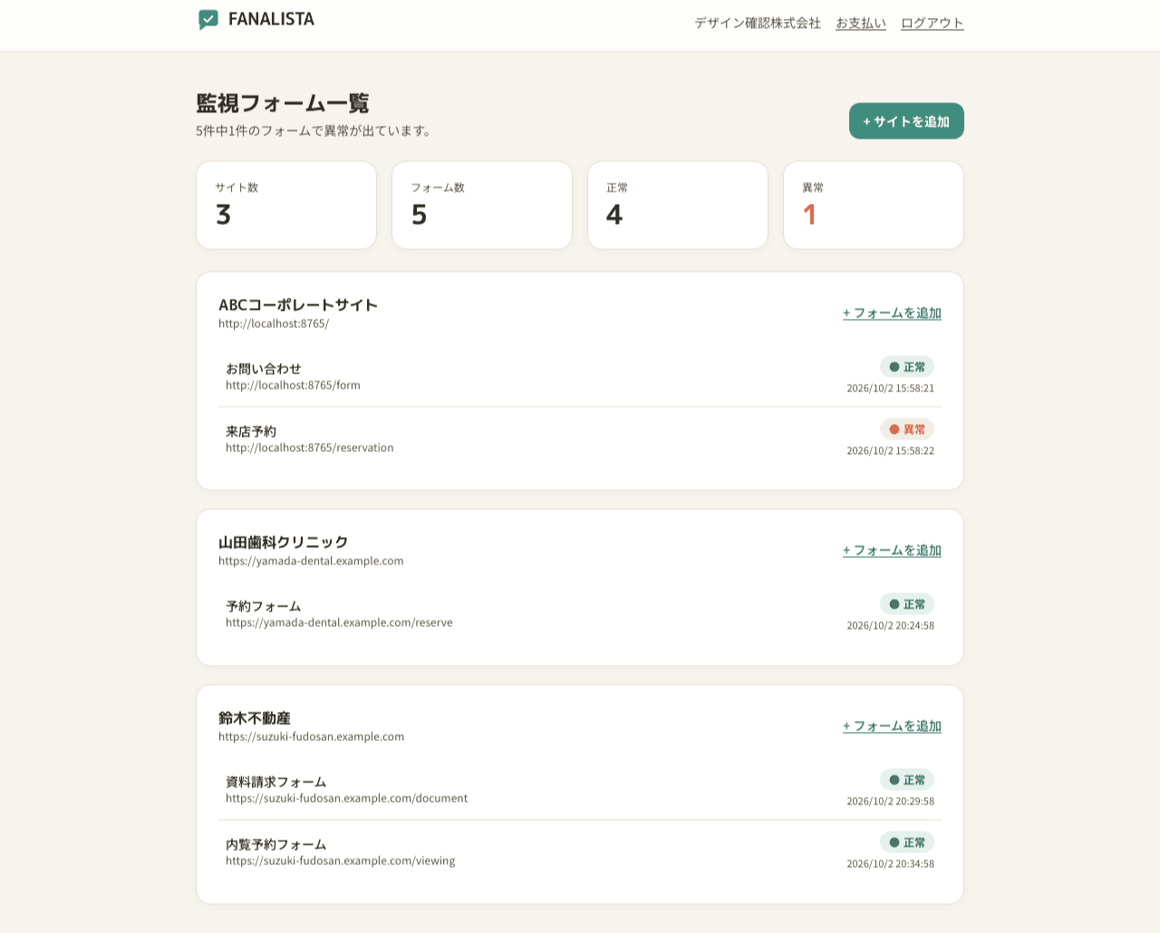 FANALISTAのダッシュボード画面。複数サイト・複数フォームが登録され、正常・異常のステータスが一覧表示されている